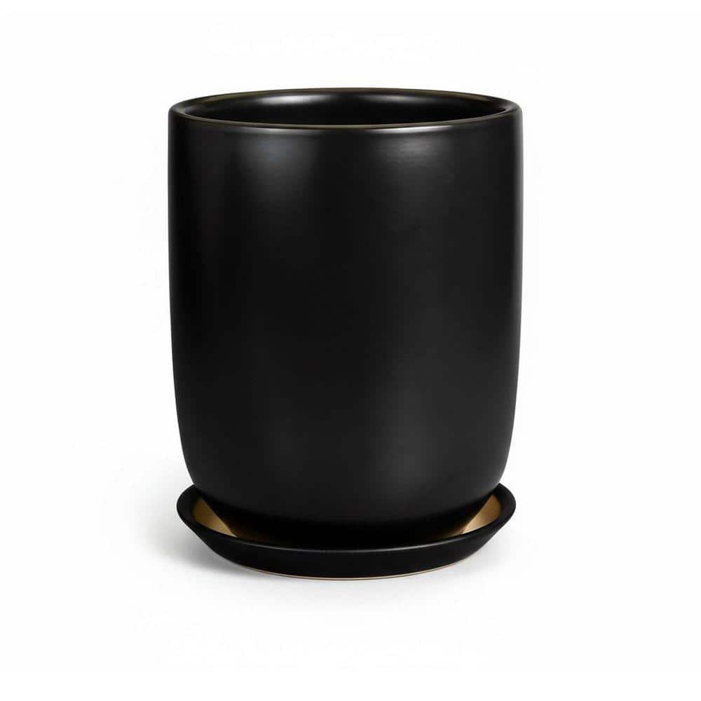 Unbrand 8 in. Black Ceramic Cylinder Planter (Drainage and Saucer
