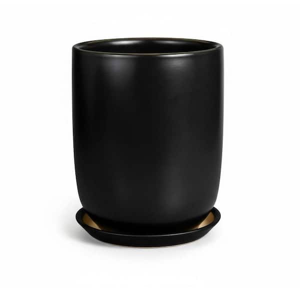 8 in. Black Ceramic Cylinder Planter (Drainage and Saucer)
