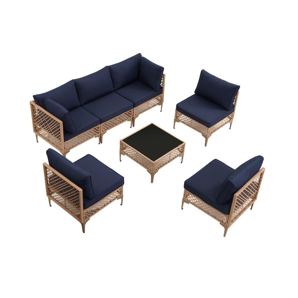 7-Piece Wicker PE Rattan Patio Conversation Furniture Set with Navy Blue Cushions for Garden, Deck, and Backyard price history on PriceWatchPro
