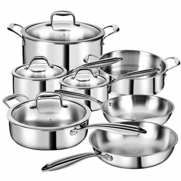 Silver 11 Piece Stainless Steel Cookware Set, 3-Ply Clad Non Toxic Induction Kitchen Pots Pans Set with Glass Lids