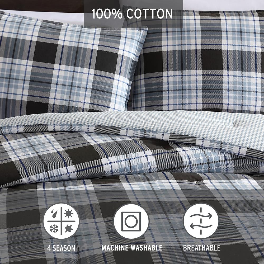 Twin Navy Plaid Cotton Duvet Cover Set with Sham