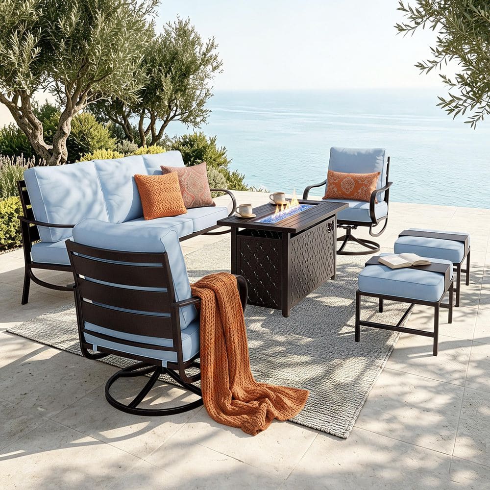 7 Seat 6-Piece Metal Outdoor Patio Conversation Set with Blue Cushions, Swivel Chairs, Rectangular Fire Pit Table