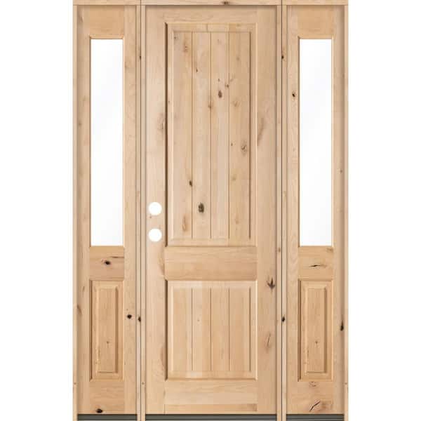 Krosswood Doors 58 in. x 96 in. Rustic Unfinished Knotty Alder Sq-Top VG Wood Right-Hand Half Sidelites Clear Glass Prehung Front Door
