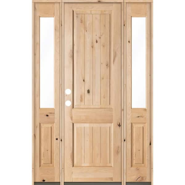 Krosswood Doors 60 in. x 96 in. Rustic Unfinished Knotty Alder Sq-Top VG Wood Right-Hand Half Sidelites Clear Glass Prehung Front Door