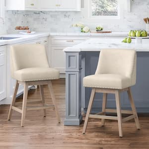 Hampton 26 in. Solid Wood Beige Swivel Bar Stools with Back Linen Fabric Upholstered Counter Bar stool Set of 2