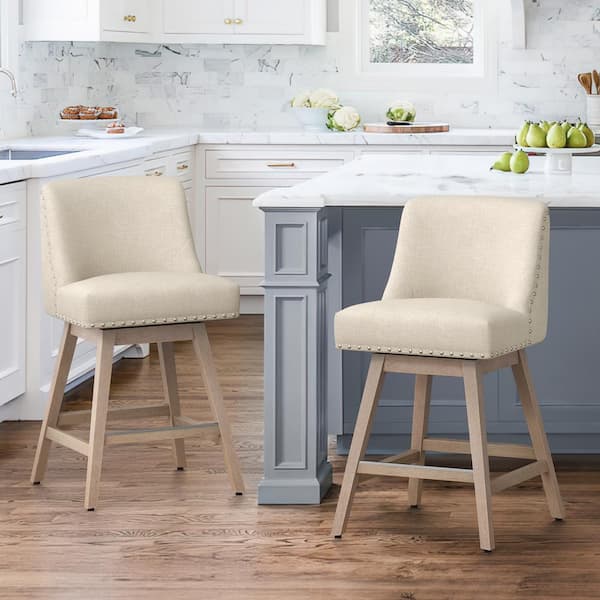 OrangeOne Hampton 26 in. Solid Wood Beige Swivel Bar Stools with Back Linen Fabric Upholstered Counter Bar stool Set of 2
