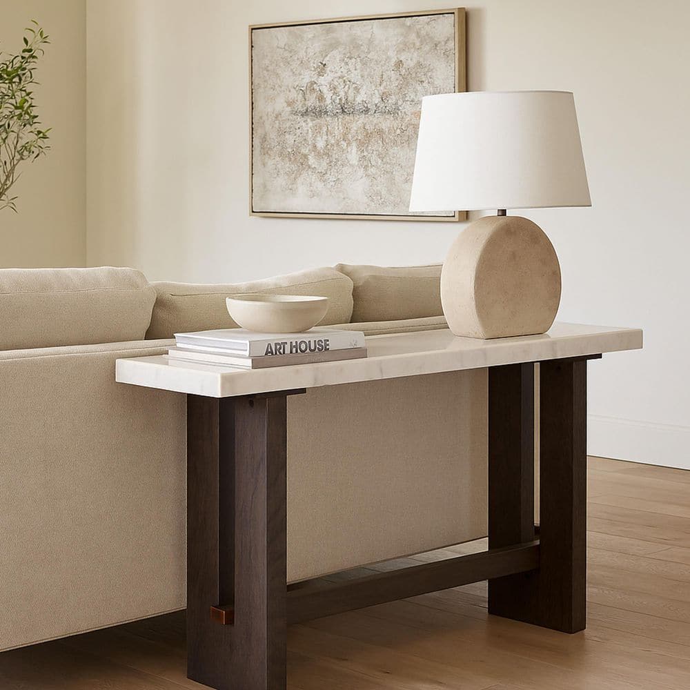 Benjara Haus 52 in. White and Brown Rectangle Marble Top Console Table ...