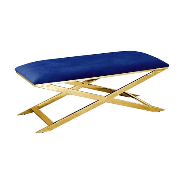 Best Master Furniture Herman Blue/Gold Velvet Accent Bench 18 in. H x 47 in. W x 18 in. D