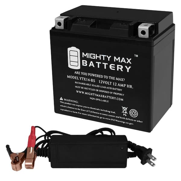 MIGHTY MAX BATTERY YTX14-BS Replacement Battery for HTX14, UTX14 + 12V 2Amp Charger
