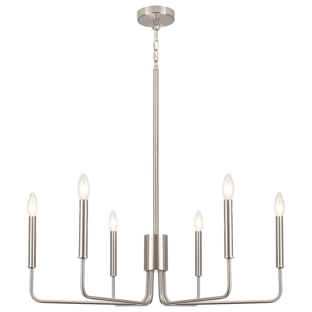 6-Light Nickel Height Adjustable Modern Linear Candlestick Chandelier, Hang