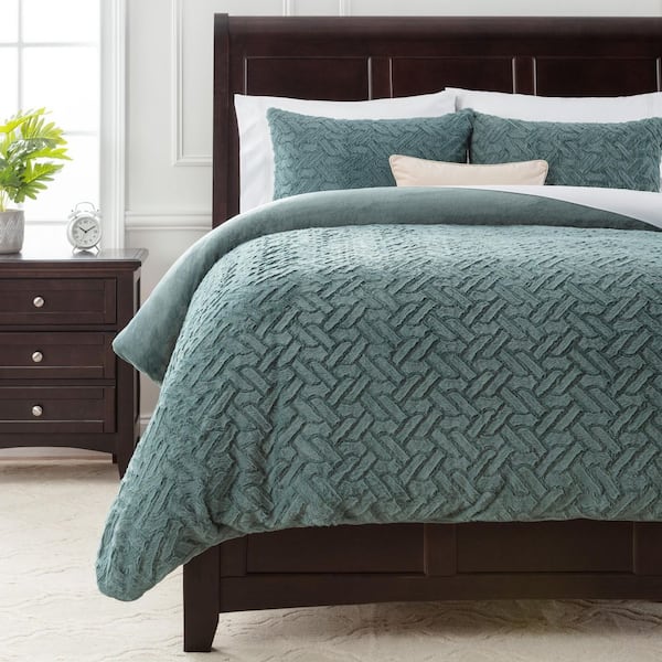 Chanasya 3-Piece Tan Turquoise Soft Cloud Embossed Textured Faux Fur Reversible Duvet Cover Set, Queen