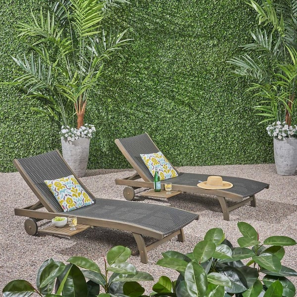 Chaise Lounge without Cushion 78.5 in. Grey Acacia Wood with Pull-Out Side Tray for Patio and Poolside Set of 2