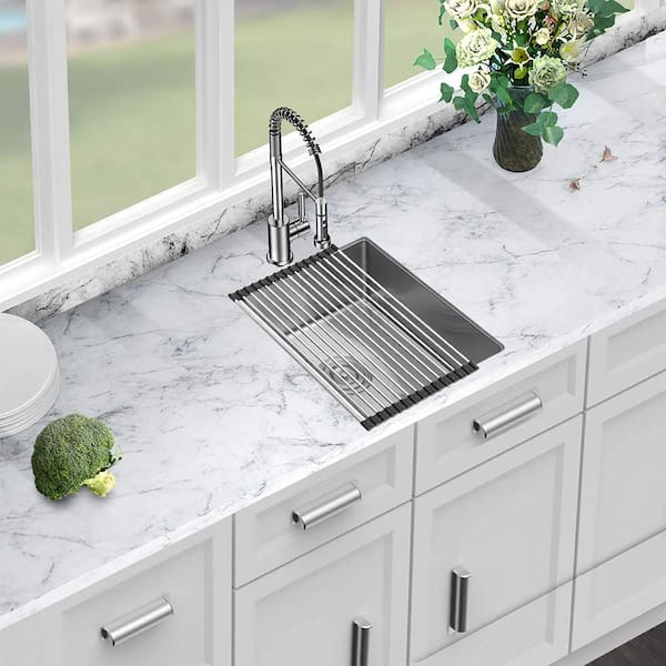 14 in. Undermount Single Bowl 16-Gauge Brushed Nickel Stainless Steel Kitchen Sink with Bottom Grids