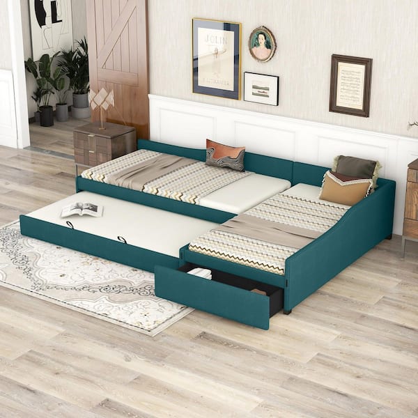 Green Upholstered Double Twin Size Daybed with Trundle and Drawer
