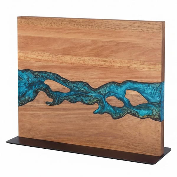 Magnetic Knife Block 12 in. Acacia Wood Blue Resin Double Sided Knife Storage Powerful Magnet Holder