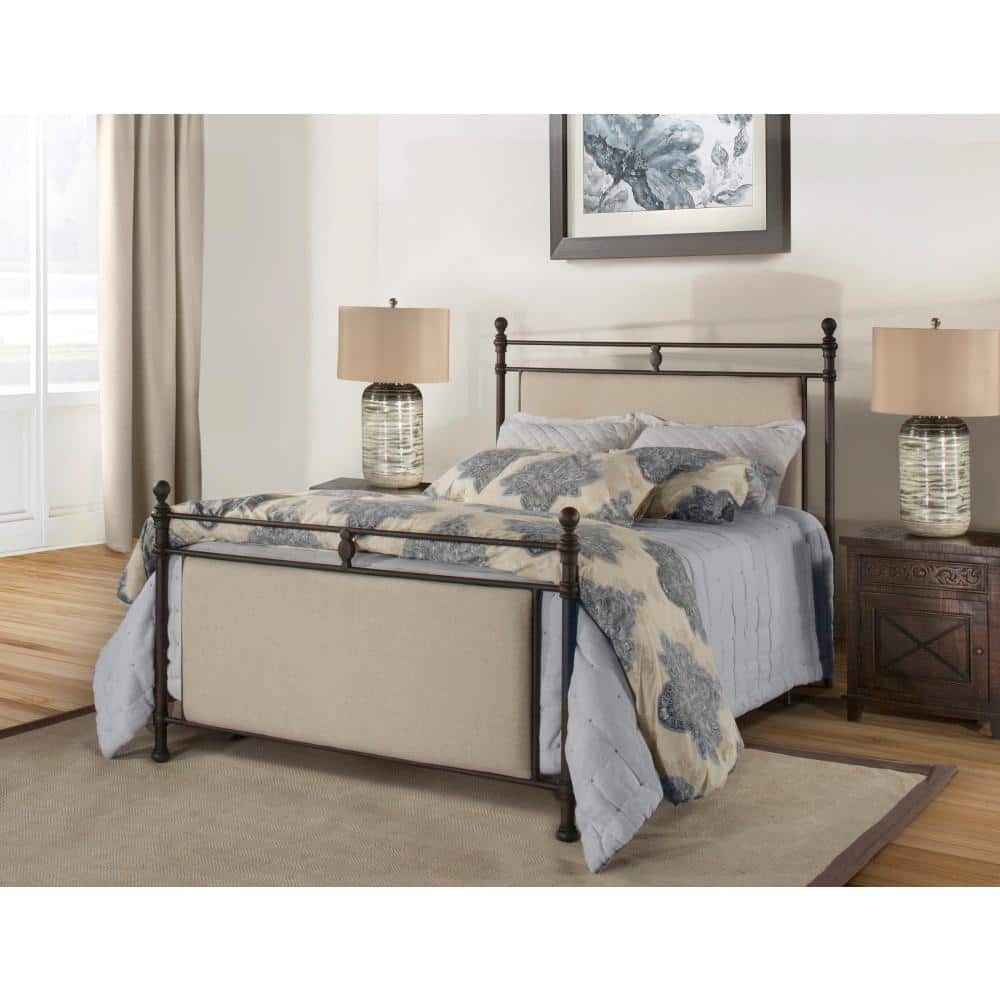 King Rustic Brown Metal and Linen Upholstered Bed with Headboard