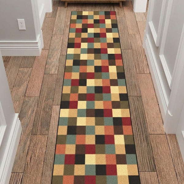 Homeline Non-Slip Rubberback 2 ft. x 17 ft. Checkered Indoor Runner Rug, Multicolor