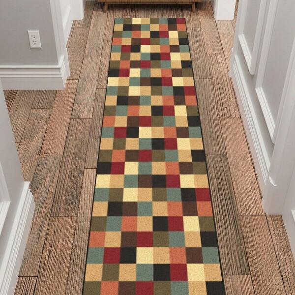 Homeline Non-Slip Rubberback 2 ft. x 49 ft. Checkered Indoor Runner Rug, Multicolor