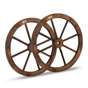 24 in. Wood Wagon Wheel Decorative Wooden Wheel Vintage Old Western Style Wall Hanging (Set of 2)