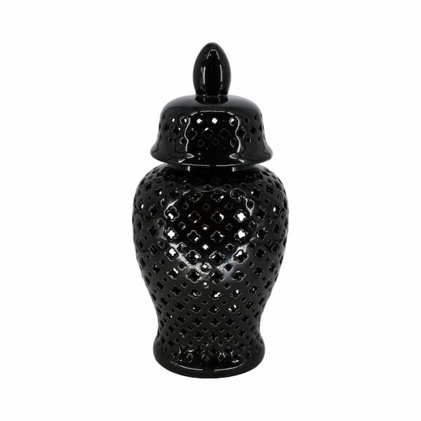 24 in. Black Stoneware Cut-out Clover Temple Jar