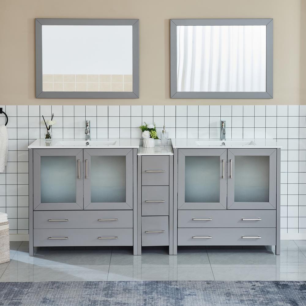 Brescia 84 in. W x 18 in. D x 36 in. H Bathroom Vanity in Grey with Double Basin Top in White Ceramic and Mirrors -  Vanity Art, VA3036-84G