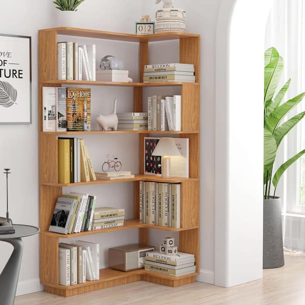 Saniya 64.56 in. Tall Dark Oak Wood 5-Tier Freestanding L-Shaped Corner Bookcase For Living Room