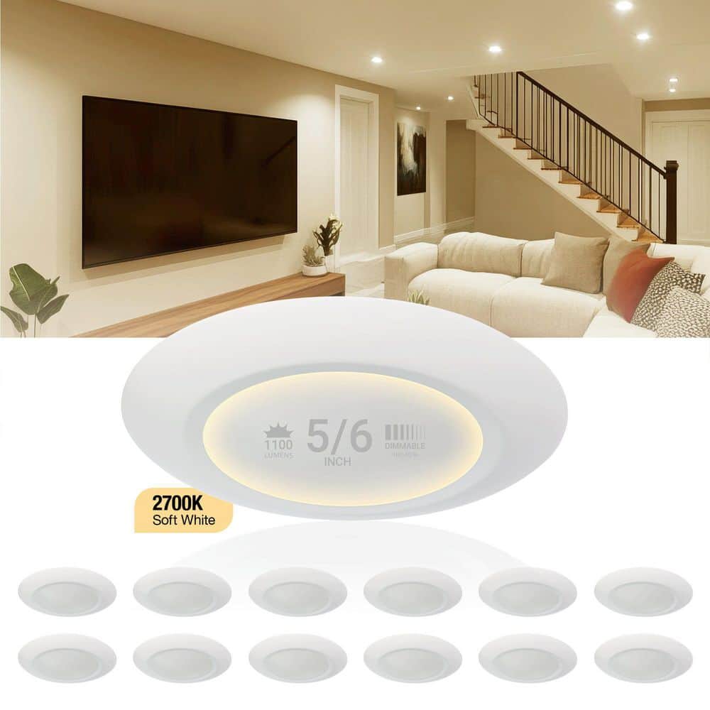 12-Pack 5/6 in. Flush Mount LED Disk Light 2700K Soft White, CRI 90, 1100 Lumens, 3o/4o J-Box Compatible, Dimmable