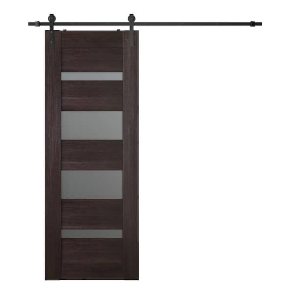 Vona 07-01 36 in. x 84 in. 4-Lite Frosted Glass Veralinga Oak Wood Composite Sliding Barn Door with Hardware Kit