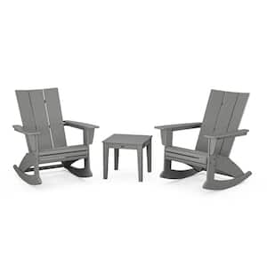 Modern Curveback Adirondack Rocking Chair Slate Grey 3-Piece HDPE Plastic Patio Conversation Set
