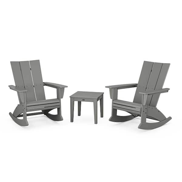 POLYWOOD Modern Curveback Adirondack Rocking Chair Slate Grey 3-Piece HDPE Plastic Patio Conversation Set