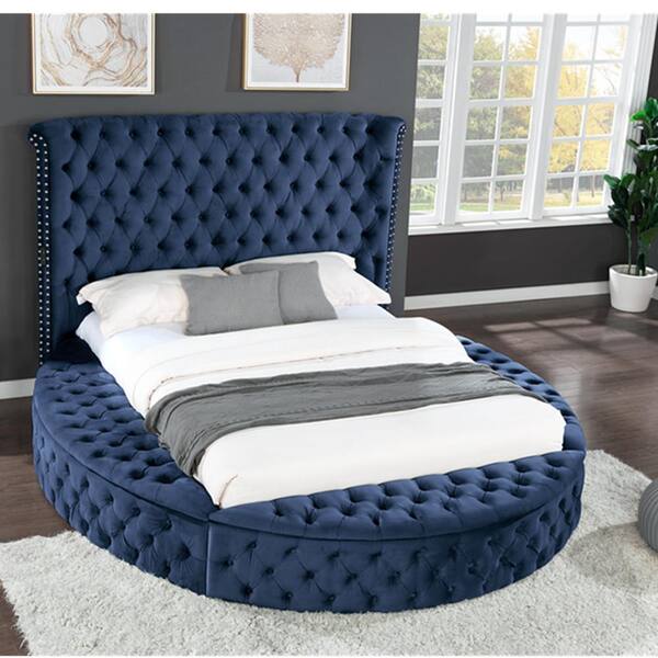LUCKY ONE Brenice 82.5 in. W Blue-King Size Velvet Upholstery Solid Manufactured Wood Frame with Bluetooth Speaker Platform Bed
