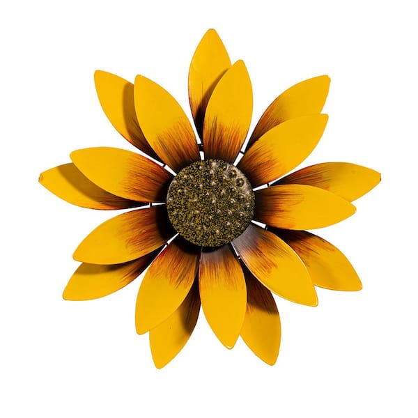 Evergreen 13 in. x 13 in. Yellow Metal Sunflower Wall Spinner Wall Sculpture