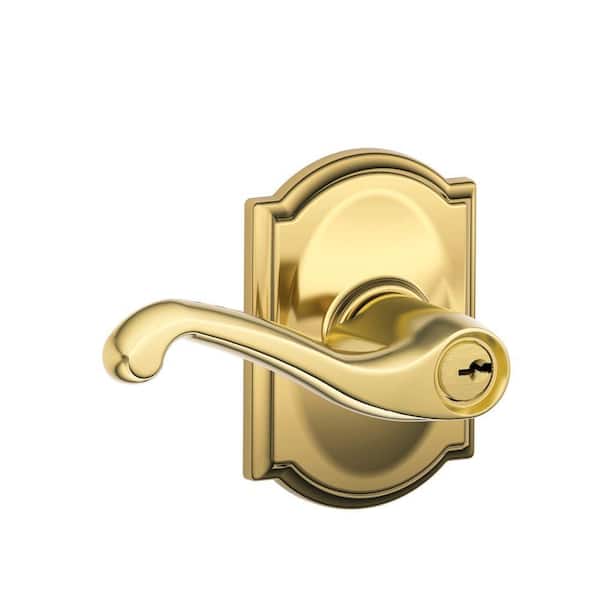 Schlage Flair Bright Brass Keyed Entry Door Lever with Camelot Trim