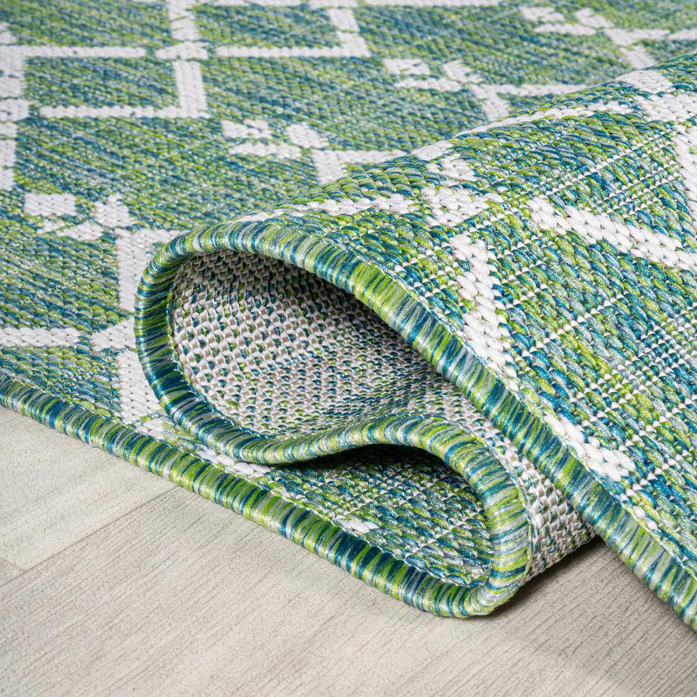 Green and Ivory Geometric Flat Woven Runner Rug