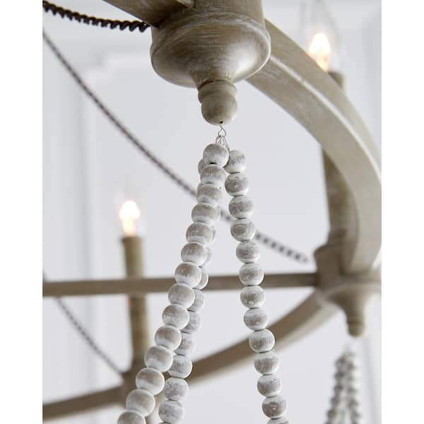 Generation Lighting - Studio Beverly 8-Light French Washed Oak and Distressed White Wood Beaded Wagon Wheel Farmhouse Candlestick Chandelier