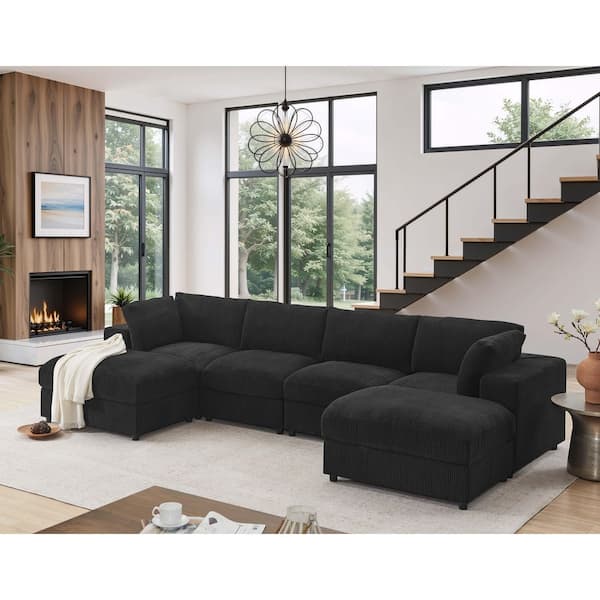 Noah Modern 132 in. Square Arm 6-Piece Corduroy Modular Sectional Sofa in Black with 2 Ottomans, Reversible