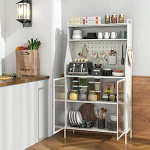 White 4-Shelf Metal 34 in. W Baker's Rack Kitchen Pantry Cabinet w/ See-through Flip-up Door Pegboard Adjustable Shelf