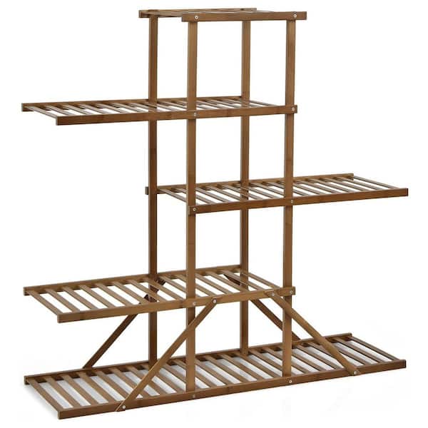 Alpulon Brown Indoor/Outdoor Wood Plant Stand 10 Potted Plant Shelf Display Holder (5-Tier)