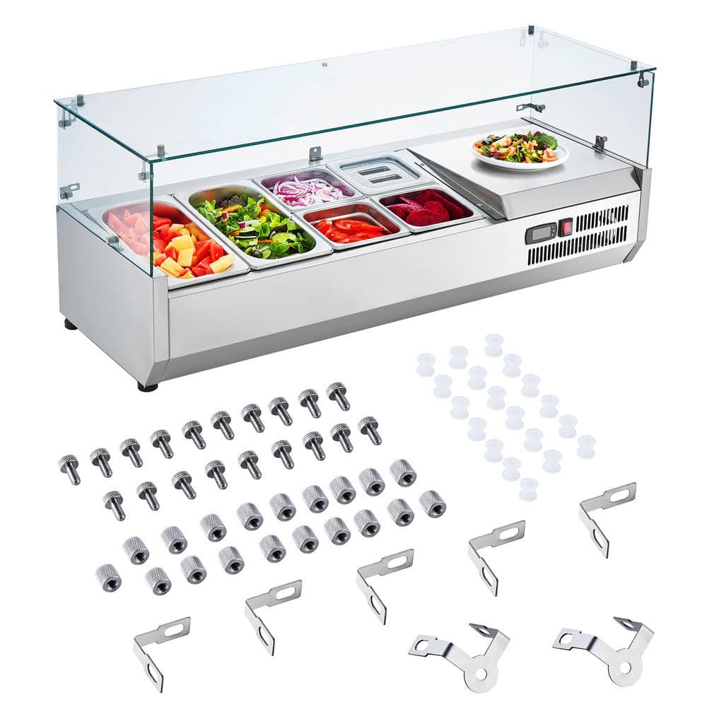 135W Refrigerated Prep Station, Countertop, Condiments, 304 Stainless Steel and PC Lid, Sandwich Table, Glass Guard, ETL