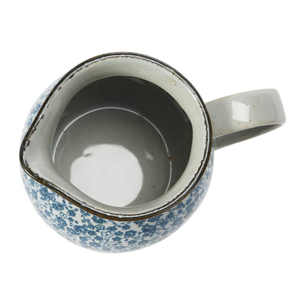 Blue and White Hand-Painted Stoneware Floral Pitcher, 6.25"