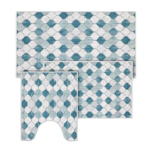 Gray-Blue Color Geometric Trellis Design Cotton Non-Slip Washable Thin 3-Piece Bathroom Rugs Sets