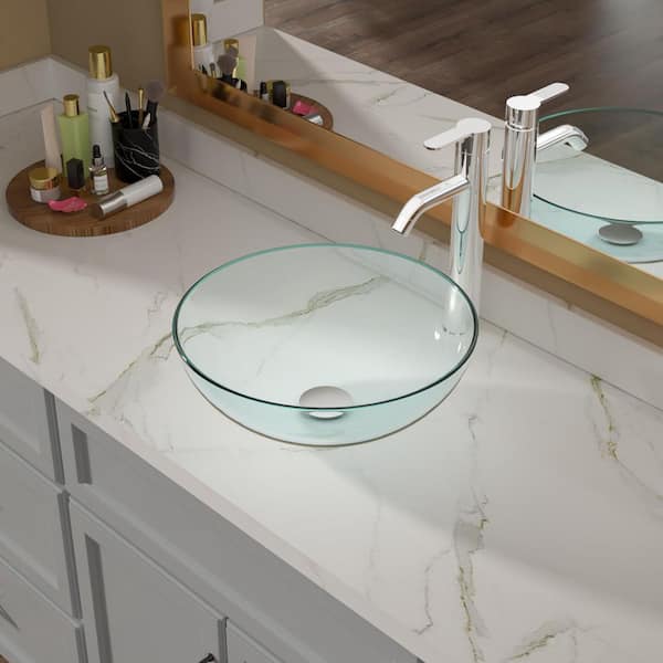 16-1/2 in. Round Vessel Bathroom Sink in Clear Glass with Chrome Faucet