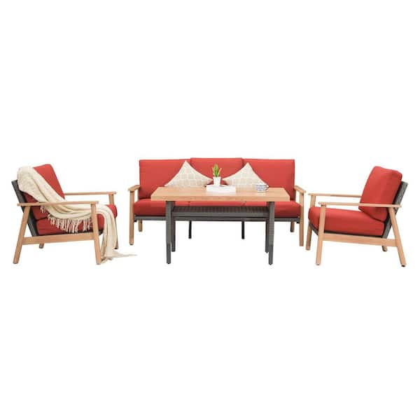 4-Piece Aluminum Rattan Patio Conversation Sets Outdoor Furniture Sectional Set with Red Cushions and 2 Pillows