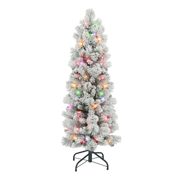 4.5 ft. Prelit Flocked Portland Pine Pencil Artificial Christmas Tree