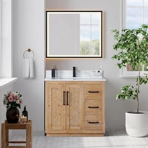 Anais 36 in. W x 22 in. D x 33 in. H Freestanding Bath Vanity in Brown with White Engineered Stone Top with Mirror