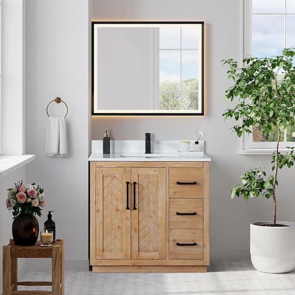 Altair Anais 36 in. W x 22 in. D x 33 in. H Single Sink Bath Vanity in Brown with White Engineered Stone Top and Mirror