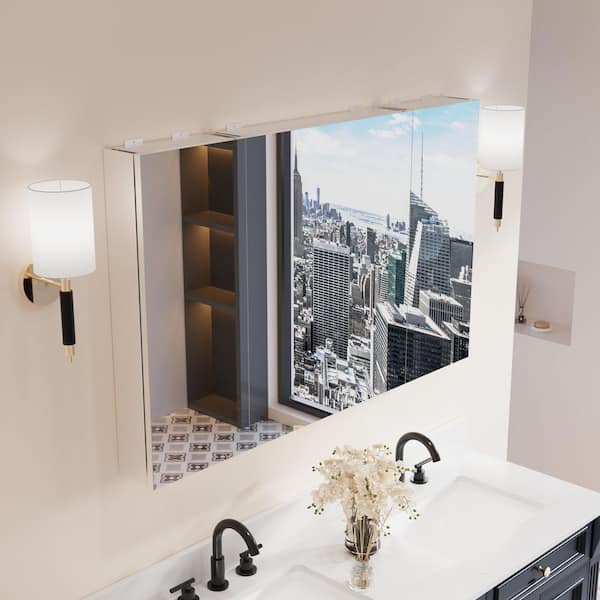 48 in. W x 30 in. H Rectangular Medicine Cabinet with Mirror in Silver with Adjustable Shelves, Soft-Close