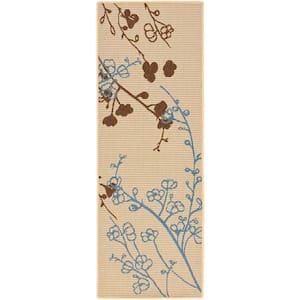 Courtyard Natural Brown/Blue 2 ft. x 10 ft. Floral Indoor/Outdoor Patio  Runner Rug