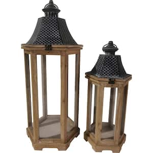 27 in. and 20 in. Indoor/Outdoor Wooden Lantern Set in Natural Color