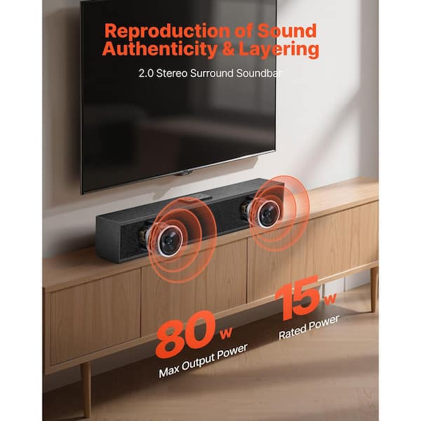 24-in. Compact 2.0 Channel Sound Bar for Smart TV-Bluetooth and AUX, Remote Control, 80W Surround Sound for Home Theater